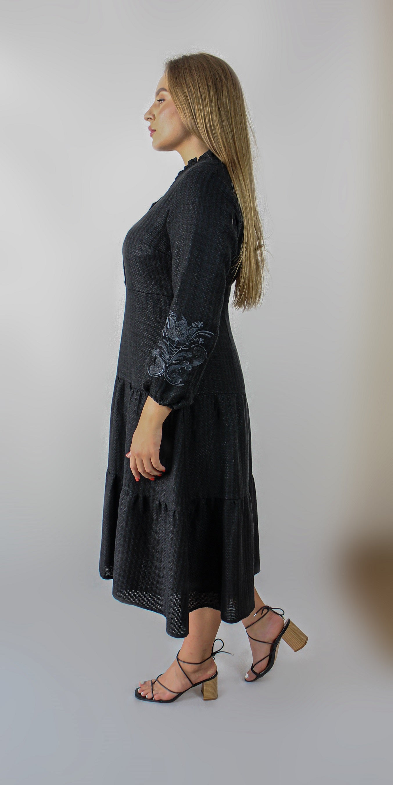 Linen dress with embroidered sleeves