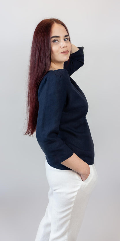 Navy blue linen blouse